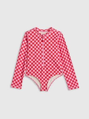 QUINCE Long Sleeve Zip-Up Swimsuit Girls Size 6 Pink Check 7907